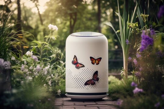 air purifier in peaceful garden setting, with birds and butterflies, created with generative ai