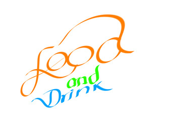 Writing food and drink with three colors of blue and green orange, with white background