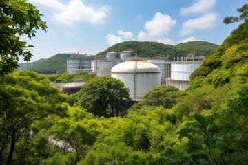 Fototapeta na wymiar nuclear power plant, with storage tanks and pipes visible, surrounded by lush greenery, created with generative ai