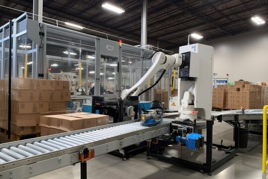 packaging and sorting robot, with view of busy warehouse and conveyor belts in the background, created with generative ai