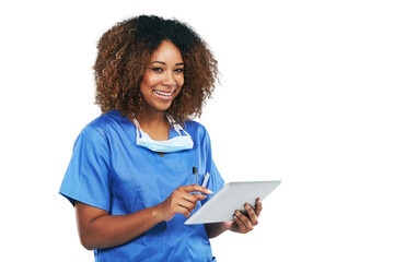 Portrait, tablet and black woman nurse with technology or healthcare or medical physician smiling and isolated on a transparent png background. Wellness, research and female person with digital check - obrazy, fototapety, plakaty