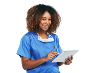 Portrait, tablet and black woman nurse with technology or healthcare or medical physician smiling and isolated on a transparent png background. Wellness, research and female person with digital check