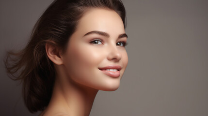 Fototapeta premium Smiling girl with perfect skin on dark background, Generative AI