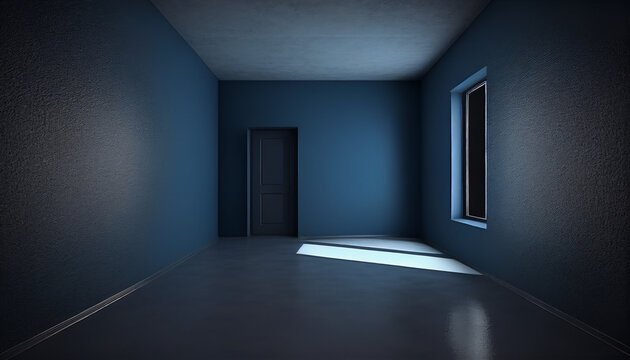 Empty room with a window an door, a concrete floor and a room with a dark blue wall, Generative AI