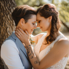 Fototapeta premium Romantic and intimate photo of a same-sex couple expressing their love for each other. Generative AI