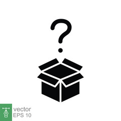 Mystery box icon. Simple solid style. Random box with question mark, riddle, secret, gift concept. Black silhouette, glyph symbol. Vector symbol illustration isolated on white background. EPS 10.