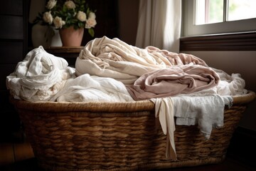 Fototapeta na wymiar linen basket overflowing with freshly laundered linens, created with generative ai