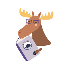 Cute funny moose reading book cartoon character illustration. Hand drawn Scandinavian style flat design, isolated vector. Kids print element, book lover, education, literature, library, bookstore