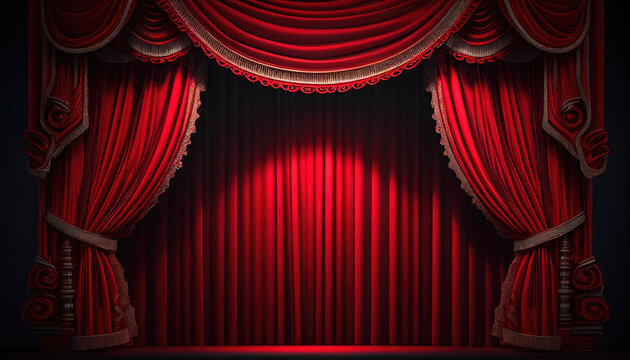 Red Stage  Theater Curtain and Spot Light. AI generative