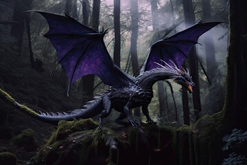 majestic purple dragon flying through dark forest, created with generative ai