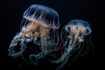jellyfish floating in the oceanic abyss, their tentacles drawn in, created with generative ai