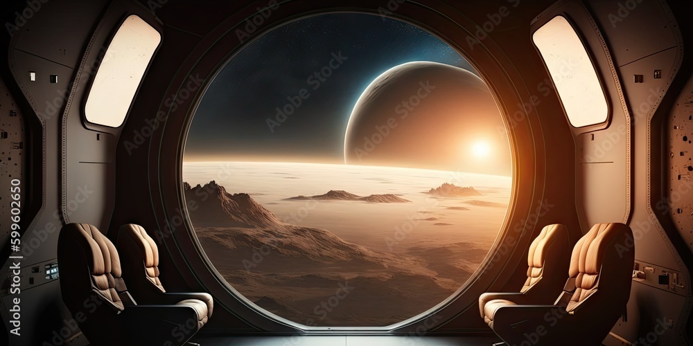 Aufkleber spaceship dark interior with view on distant planets solar system. generative ai aig15.