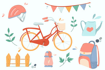Fototapeta premium A set of cozy illustrations of a bicycle, helmet, watering can, backpack, thermos, fence.Family bike ride.Active grandparents ride tandem bike in park. Family traveling on bike. World Bicycle Day.