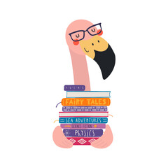 Cute funny flamingo carrying pile of books cartoon character illustration. Hand drawn Scandinavian style flat design, isolated vector. Kids print element, book lover, literature, library, bookstore © Maria Skrigan