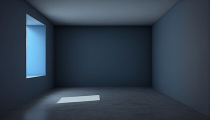 Empty room with a window an door, a concrete floor and a room with a dark blue wall, Generative AI