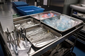 a tray of surgical instruments being sterilized in a medical laboratory, created with generative ai