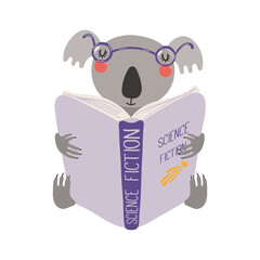 Obraz premium Cute funny koala reading book cartoon character illustration. Hand drawn Scandinavian style flat design, isolated vector. Kids print element, book lover, education, literature, library, bookstore