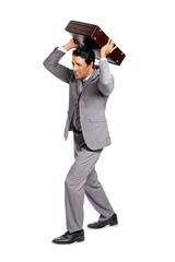 Isolated, businessman and throwing briefcase in stress from bankrupt finances or bad credit score, debt or money problem. Man, angry or frustrated corporate fail on transparent PNG background