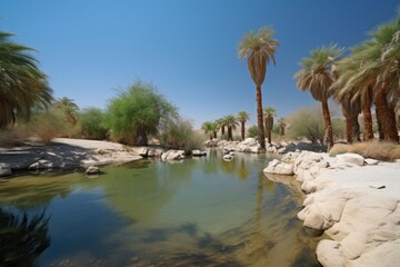 Fototapeta na wymiar desert oasis, with palm trees and clear blue skies, in hot and arid environment, created with generative ai