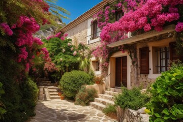 Fototapeta na wymiar mediterranean house, surrounded by lush greenery and blooming flowers, created with generative ai