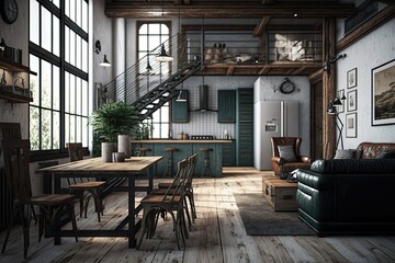 Fototapeta na wymiar industrial home with minimalist and rustic design, featuring wooden furniture and metal accents, created with generative ai