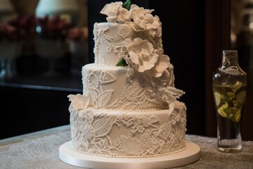 wedding cake with intricate sugar work and piping, including the bride and groom's names, created with generative ai