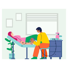 Love of tattoos. Guy painter draws stars on arm of client at salon with needle machine vector