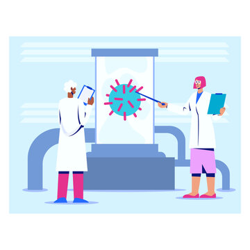 Vector of researchers study structure and properties of virus in image after laboratory experiment