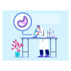 Vector illustration of researcher looks at bacterium under microscope