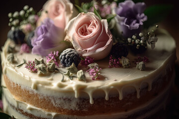 Obraz na płótnie Canvas Floral Wedding Cake at a Party - Generative Ai