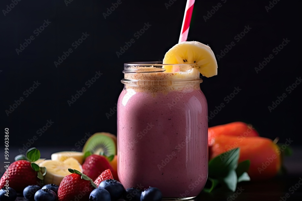 Wall mural close-up of smoothie, with straw and ingredients visible, created with generative ai - Wall murals