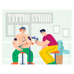 Cheerful tattoo artist does ink drawing of man in studio illustration