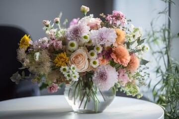 pastel flower bouquet, arranged in delicate vase, created with generative ai