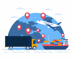 Worldwide international delivery with pinpoint worldwide map background global logistics services.  - obrazy, fototapety, plakaty