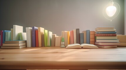 Old books on a wooden table. Generative AI