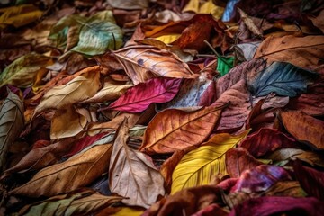 macro shot of fallen leaves variety, with different colors and shapes, created with generative ai