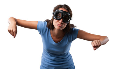 Girl pretends to fly an airplane, mimicking biplane engine sound, wearing vintage goggles,...