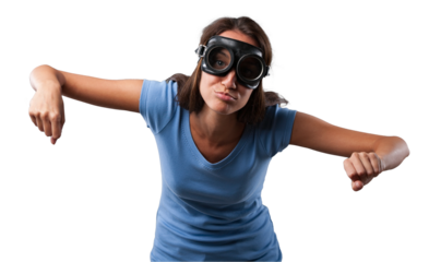 Girl pretends to fly an airplane, mimicking biplane engine sound, wearing vintage goggles, role-playing. Dreams of being a pilot, pointlessly as future planes will be automated