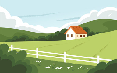 Rural landscape with house in the summer. Flat vector illustration.