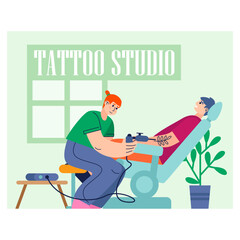 Positive girl tattooist puts sprig of wood on arm of male client in tattoo parlor illustration