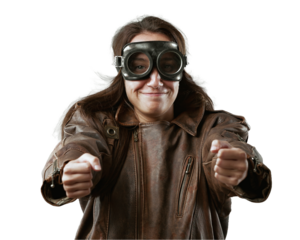 Girl pretends to fly an airplane, mimicking biplane engine sound, wearing vintage goggles, role-playing. Dreams of being a pilot, pointlessly as future planes will be automated