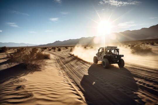 off-road vehicle speeding through desert landscape, with sun shining and clear blue sky visible, created with generative ai