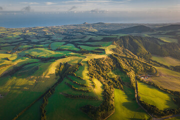 Aerial view of the landscapes on Sao Miguel Island, green farmland and volcanic mountains and lakes, Azores, Portugal
