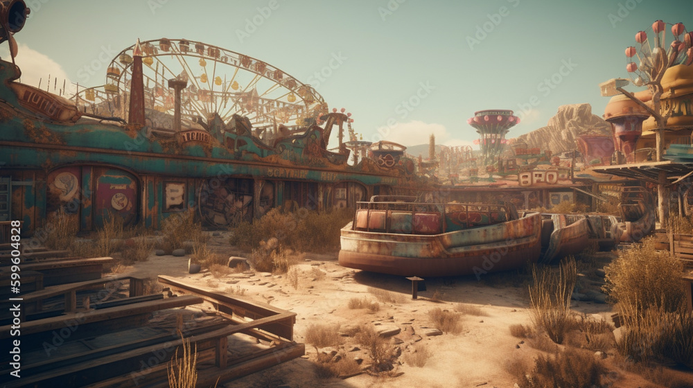 Poster A desolate abandoned amusement park with twisted rust Generative AI 