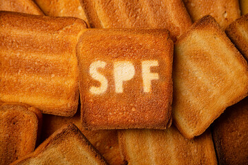 Concept of SPF cream on toasted bread background.
