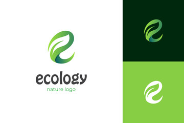 letter E ecology logo icon design with leaf or nature green plant graphic element, symbol for earth day logo, nature product label