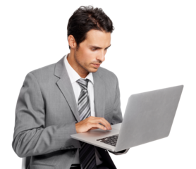 Laptop, business man and focus isolated on a transparent, png background for online review, report and analysis. Serious, planning and typing of professional person or corporate worker on computer