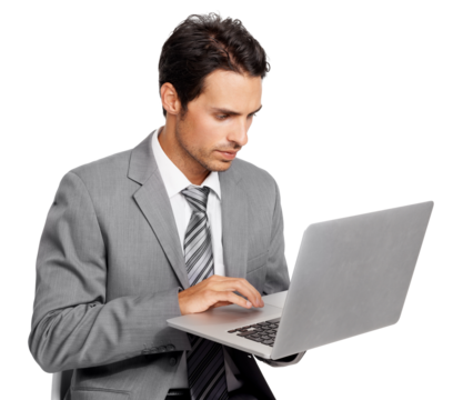 Laptop, business man and focus isolated on a transparent, png background for online review, report and analysis. Serious, planning and typing of professional person or corporate worker on computer