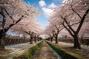 Obraz premium cherry blossom garden, with rows of cherry trees in full bloom, created with generative ai