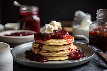stack of pancakes, topped with homemade strawberry jam and whipped cream, created with generative ai